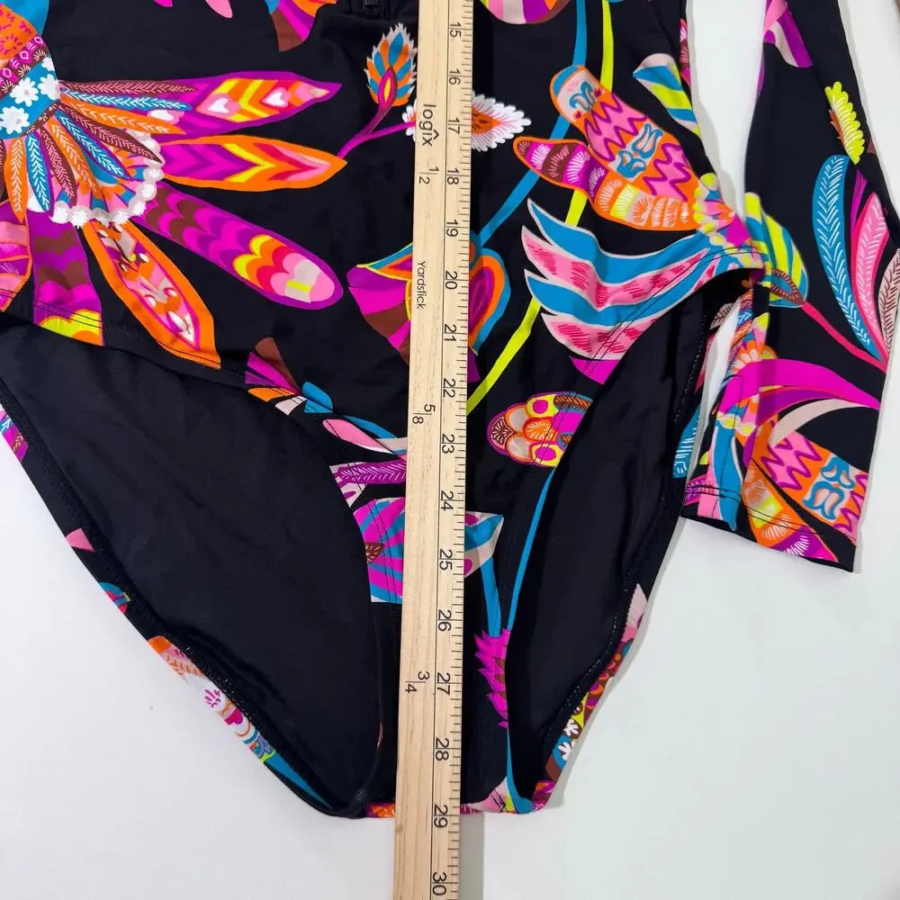 NWT Trina Turk Long Sleeve Zip Up Paddle Suit One Piece Swimsuit sz L Tropical